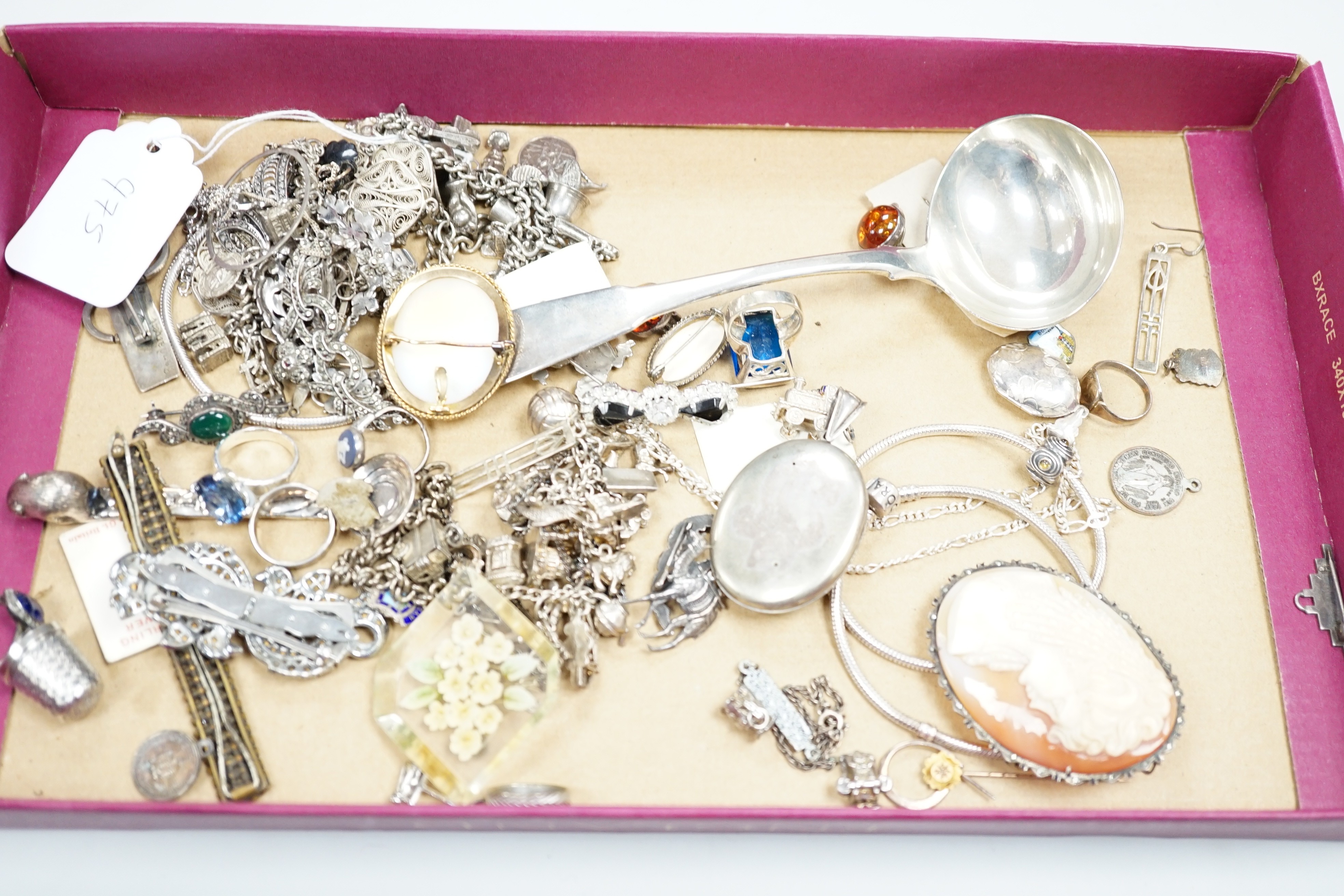 A George III silver sauce ladle, London, 1803 and a quantity of assorted jewellery including two white metal charm bracelets.